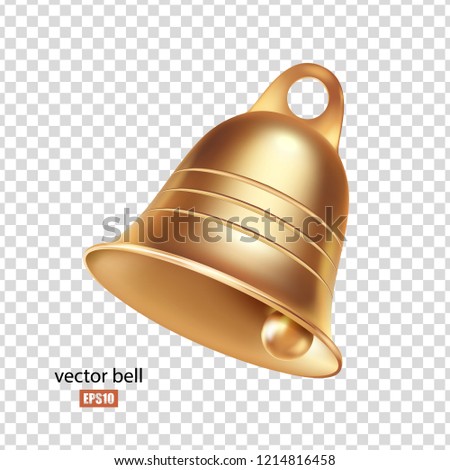 Golden metal bell isolated on a transparent background, Christmas symbol, school bell, vintage bell. 3D effect. Vector. EPS10