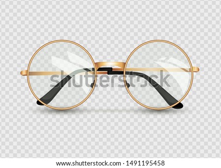 Golden glasses isolated on transparent background, round black-rimmed glasses, women's and men's accessory. Optics, see well, lens, vintage, trend. Vector illustration. EPS10