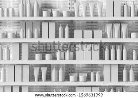 Front view of a white supermarket shelf with products in the form of bottles, boxes, personal care products, cosmetics. Trade concept. Close up. 3d rendering 商業照片 © 