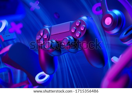 Black standard gamepad, headphones and game console and virtual reality glasses in the air on a blue background with lines. 3d rendering