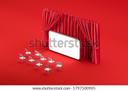 Mobile internet cinema. Chairs in front of the phone screen, like in a movie. The concept of a film premiere, business conference, online theater. Mock up. 3d rendering