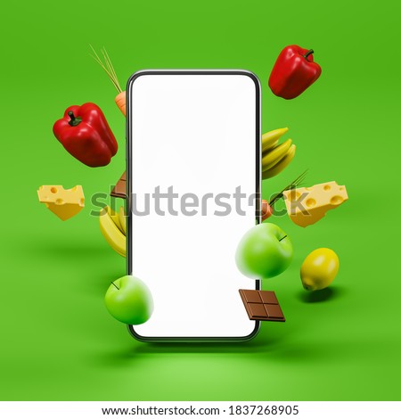 Smartphone blank screen on green background with vegetables, fruits, chocolate and cheese. Concept of online supermarket ordering groceries home. Mock up. 3d rendering