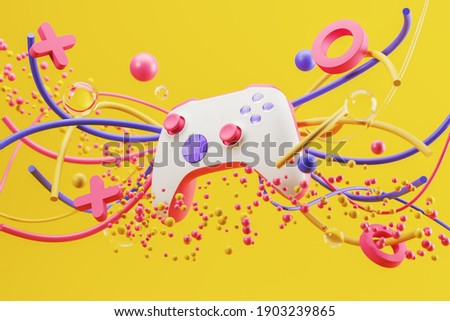 White standard game controller, joystick, gamepad on a yellow background with abstract geometric shapes. 3d rendering