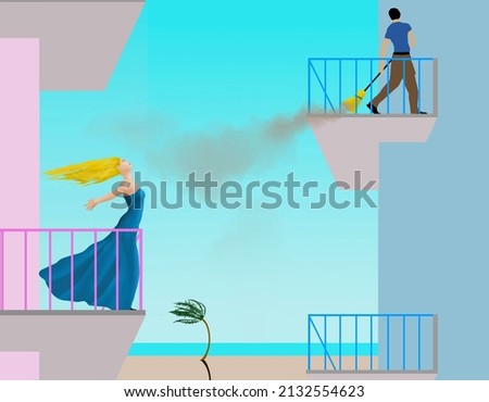 A discourteous neighbor sweeps dirt onto his neighborâ€™s patio in this 3-d illustration. Foto stock © 