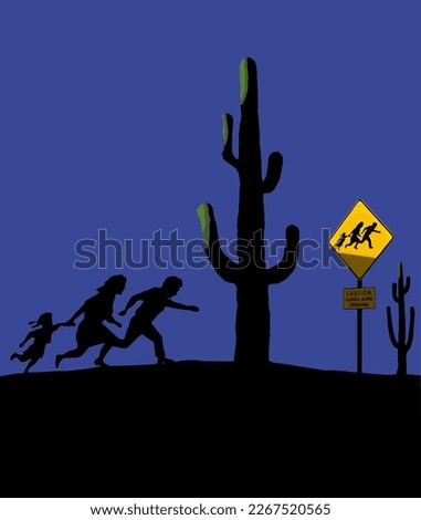 A mother, father and daughter run in the desert at night. This is the same family that appears on alien crossing signs near the USA Mexico border. 