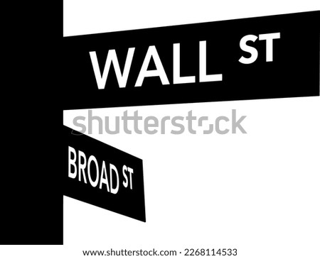 Wall Street, street sign. Intersection of Wall and Broad Streets sign. Isolated