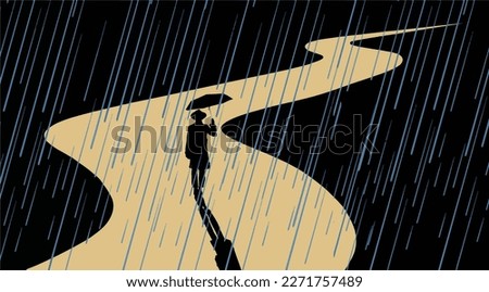 A man with an umbrella walks in the rain on a winding road at night in the rain in this vector illustration.