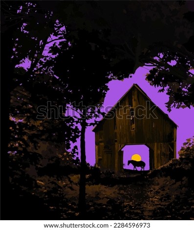 In an opening in the woods is seen an old wooden barn with a horse inside silhouetted against a glowing sundset sky in this 3-d vector illustration.