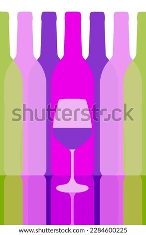 Colorful silhouettes of wine bottles are seen with one glass of wine. Bright colors. This is a vector illustration.