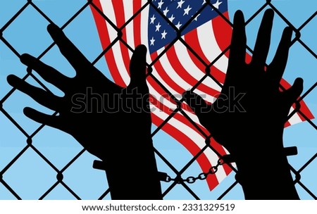 Hands in handcuffs rest on a chainlink fence with a USA flag in the background in an image about being detained at the USA and Mexico border or imprisoned in America