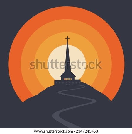 A small chapel with a tall steeple and cross is seen on a hilltop at sunset in a 3-d illustration about religion and small town churches.