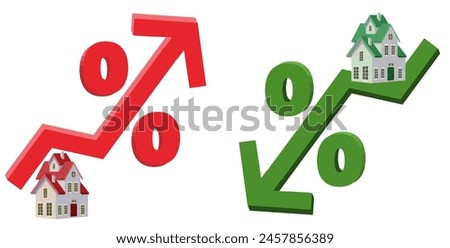 Home mortgage interest rate arrows are red for up and green for down with a home in the image and a percentage sign. This is a 3-d illustration.