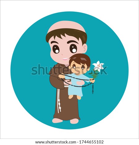 Saint Anthony with child Jesus holding rosary catholic vector Illustration