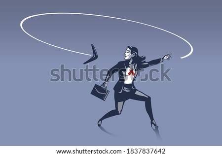 Business Woman Surprised as Boomerang He Throws Goes back to Him from Behind . Business Illustration Concept of Consequences and Karma behind Every Step We Make