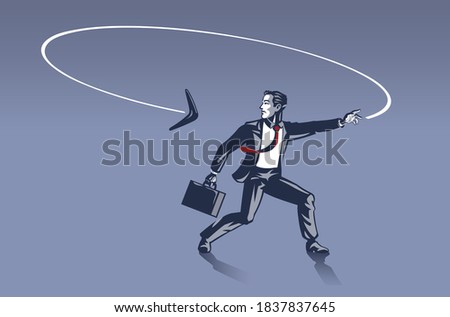 Businessman Surprised as Boomerang He Throws Goes back to Him from Behind . Business Illustration Concept of Consequences and Karma behind Every Step We Make