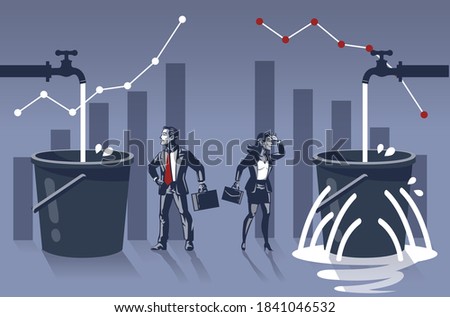 Businessman Happy to See His Water Bucket is Full While Business Woman is Sad to Find Holes and Leaks in Her Bucket Illustration Concept