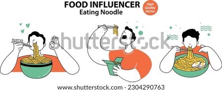 Illustration of man eating noodle, food influencer, vlogger reviewer.