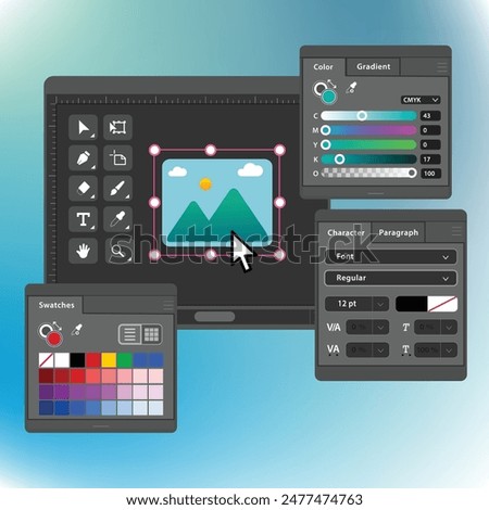 Vector graphics editor and design program software, dark mode interface application