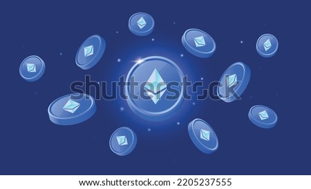 Explosion of shiny and floating Ethereum coins. ETH cryptocurrency isolated on blue background