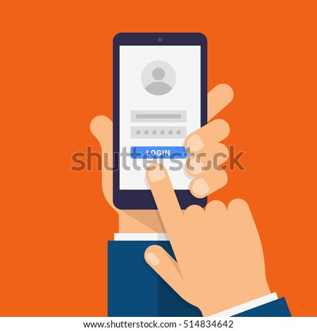 Log in page on smartphone screen. Hand holds the smartphone and finger touches screen. Modern Flat design illustration.
