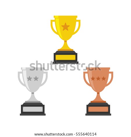 Gold, Silver and Bronze Trophy Cup. Vector Flat Trophy Icon with stars.