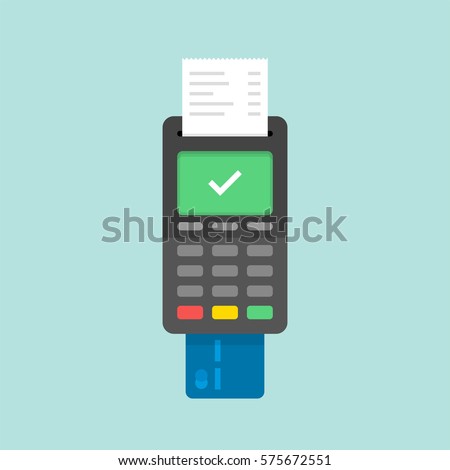 Payment by credit card using POS terminal, approved payment. Flat illustration.