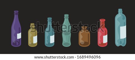 Various glass bottles and, Types of PET bottles.