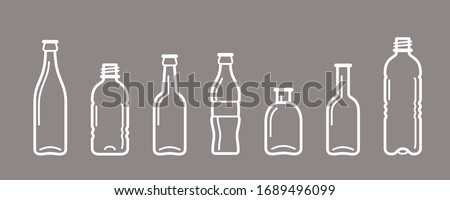 Various glass bottles and, Types of PET bottles.