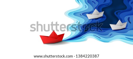 Leadership concept, Origami red paper boat floating in front of white paper boats on blue water polygonal trendy craft style, Paper art design banner background, Vector illustration