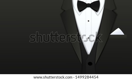 Close up of classic formal male tuxedo and bow tie with copy space, Paper art cut and craft style background, Vector illustration