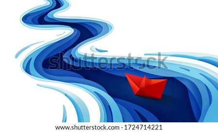 The journey of the origami red paper boat on winding blue river, Paper art and digital craft style, Vector illustration