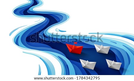 Leadership concept, Origami red paper boat floating in front of white paper boats on winding blue river, Paper art and digital craft style, Vector illustration