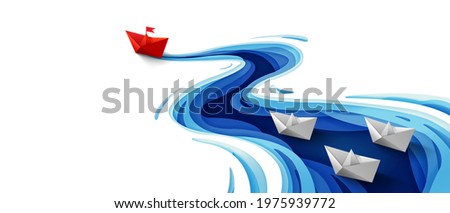 Success leadership concept, Origami red paper boat floating in front of white paper boats on winding blue river, Paper art design banner background, Vector illustration