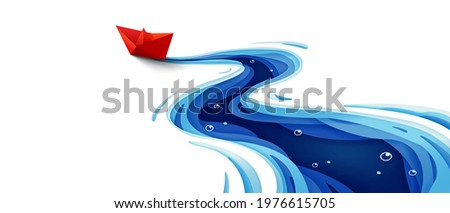 Success leadership concept, The journey of the origami red paper boat on winding blue river, Paper art design banner background, Vector illustration