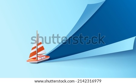 Paper art of Sailing boat floating and cut a paper at the same time, Journey and travel concept, Vector illustration