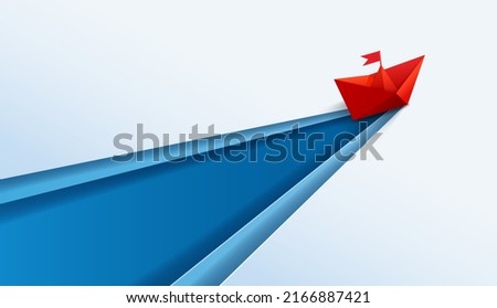 Origami red paper boat floating and cut a paper at the same time, Success leadership concept, Vector illustration