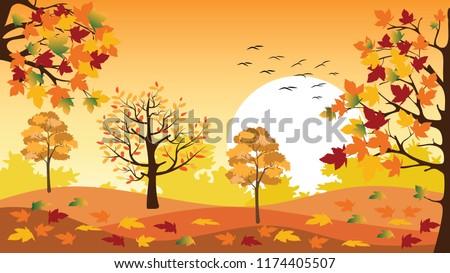 Panoramic of Countryside landscape in autumn with fallen leaves on the grass, Vector illustration of horizontal banner of autumn landscape mountains and maple trees with yellow foliage in fall season.