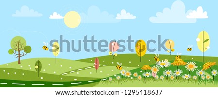 Cute cartoon panorama landscape of Spring field and spring flowers with family bee flying, Lovely card with sun shine, cloud and honey Bee collecting pollen on flowers in sunny day, Summer background