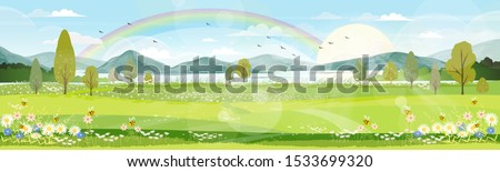 Panorama view of spring village with green meadow on hills with blue sky and rainbow after rain,Vector cartoon Spring or Summer landscape, Panorama countryside mountains and lake with  flowers fields