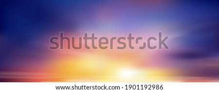 Sunset Sky Background,Sunrise with Cloud with Blue,Orange,Yellow Color in Morning,Vector Horizon dramatic twilight dusk sky after sun dawn in Summer Evening,Beautiful nature landscape by sea beach
