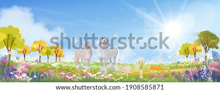 Unicorn and cute little fairies flying on spring filds with wild grass flower,Cute cartoon wonderland landscape in Summer morning with fairy family horse walking on green meadow with sunlight shining.