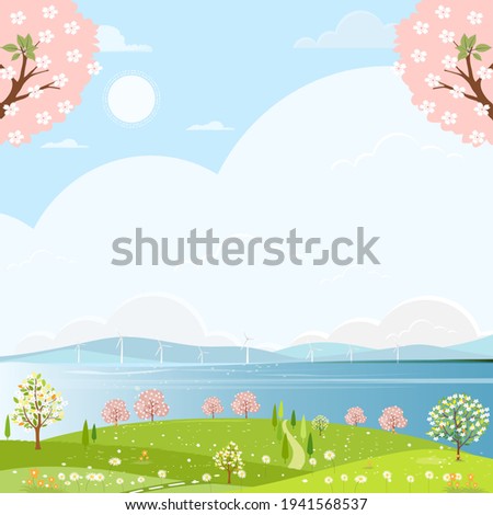 Cute Spring village by the sea with windmill, cherry blossom, green grass fields,blue sky and cloud,Vector cartoon Natural landscape in countryside with mountains, Sakura blooming inn Sunny day Summer