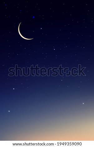 Twilight Sky with Crescent Moon in Evening,Vertical sunlight banner in Ramadan dark blue night with Dramatic Suset, Dusk sky for Islamic religion,Eid al-Adha,Eid Mubarak,Eid al fitr,Ramadan Kareem