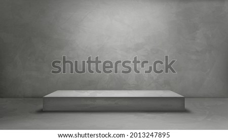 Studio room with a gray wall and 3D podium mockup, Background Grey Cement texture of floor, Vector 3D Backdrop of Gray Concrete surface with cracked texture pattern. Banner for loft design concept