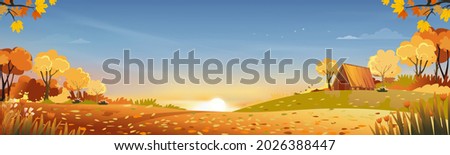 Autumn rural landscape in evening light with sunset, blue and orange sky background,Vector Cartoon fall season at countryside with forest tree and grass field with sunrise,Backdrop natural banner 