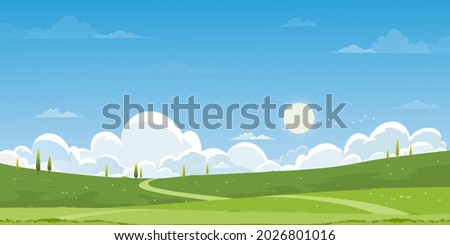 Spring green fields landscape with mountain, blue sky and clouds background,Panorama peaceful rural nature in springtime with green grass land. Cartoon vector illustration for spring and summer banner