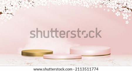 Studio room,Golden Podium with Spring Apple Blossom on Pink Sky background,Vector 3D backdrop banner Cylinder Stand platform on Rose Marble with Blossoming branches pink sakura for moth day concept