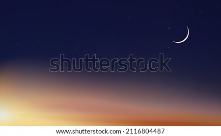 Sky Night,Ramadan Kareem Background with Crescent moon,Star with twilight dusk Sky,Vector Greeting festive for symbolic of Muslim culture ,Eid Mubarak,Eid al adha,Eid al fitr,Islamic new year,Muharram