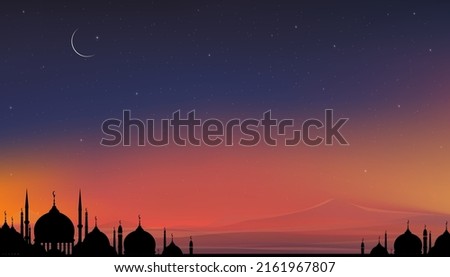 Islamic card with Silhouette Dome Mosques,Crescent moon on Orange sky background,Vetor Ramadhan Night with twilight dusk sky for Islamic religion,Eid al-Adha,Eid Mubarak,Eid al fitr,Ramadan Kareem