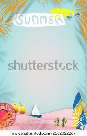 Summer background beach vacation holiday theme in pink wave layer on sea blue, Vector illustration vertical banner paper cut tropical summer design elements, palm leaf, sandal,Footprint on sand beach 